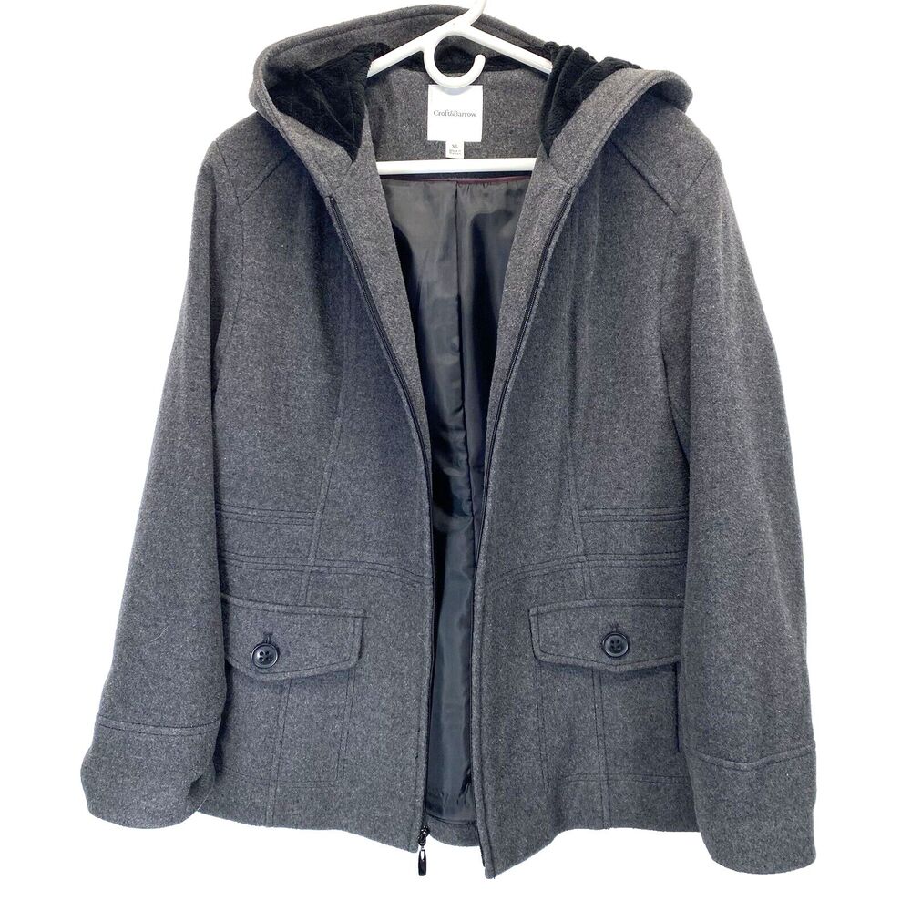 Croft & Barrow Women’s Hooded Jacket Size XL Wool Blend Gray Full Zipper RN50411